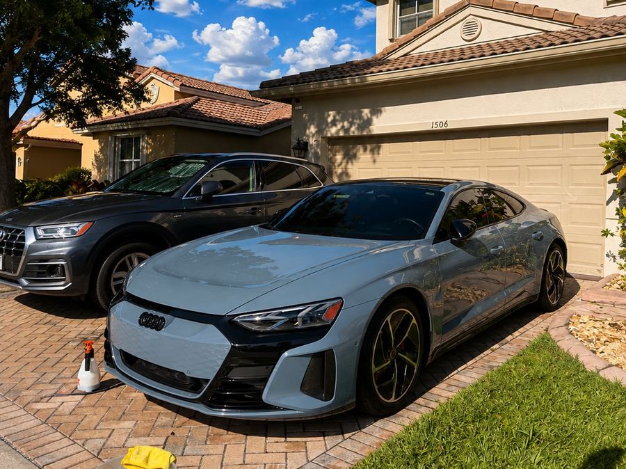 Grey Audi e-tron GT kept detailed on a Prestige Club maintenance schedule